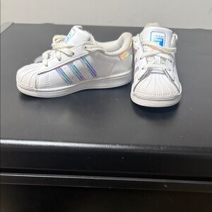 Adidas Kids White Sneakers with Iridescent Stripes
